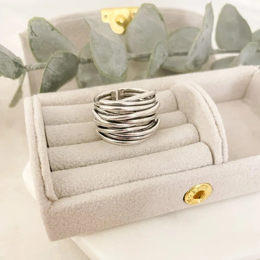 925 Sterling Silver Chunky Ring Thick Wide Ring Band Multi Layer Vintage Ring - Picture 6 of 13